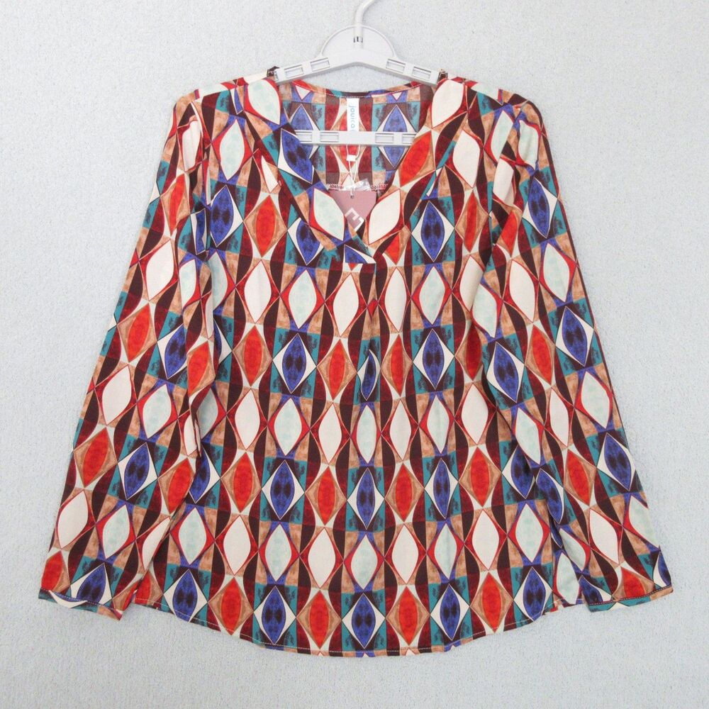 Jouica Blouse Womens S Geometric Print V‎ Neck Long Sleeve Casual Stretch NWT